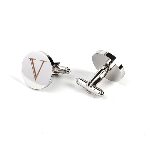 Mens Initial Silver Cufflinks A-Z Alphabet Letter Steel Cuff Links with Engraved Walnut Wood Box Groom Groomsman Wedding Set… - style: V