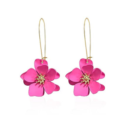 Bohemian Daisy Flower Matte Floral Long Petal Drop Dangle Earrings Layered Tiered for Women Chic Boho Wedding Jewelry - color: Hot Red