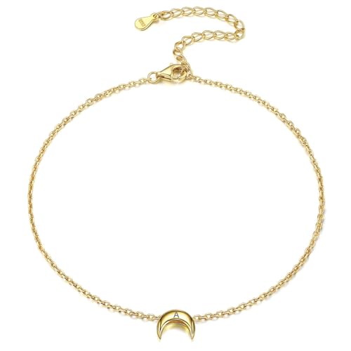ChicSilver Personalized 925 Sterling Silver Tiny Heart/Moon/Star/Sun/Dot/Triangle Anklets Simple Dainty Foot Jewelry for Women, Silver/Gold Plated/Rose Gold Plated - style: Gold Moon Custom