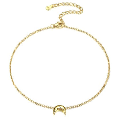 ChicSilver Personalized 925 Sterling Silver Tiny Heart/Moon/Star/Sun/Dot/Triangle Anklets Simple Dainty Foot Jewelry for Women, Silver/Gold Plated/Rose Gold Plated - style: Gold Moon Custom