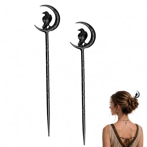 2PCS Viking Raven Hair Sticks – Gothic Moon Hair Pins for Women | Black Gothic Hair Accessories with Raven Moon Design for Buns, Updos, Renaissance Festival, Halloween & Cosplay - color: RLMN