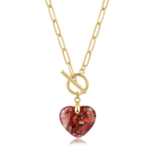 Puff Heart Healing Stone Necklace for Women, 14K Gold Plated Choker Paperclip Stainless Steel Chain, Colorful Natural Stone Boho Necklace Jewelry Gift for Women - color: Red Stone-Gold