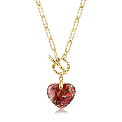 Puff Heart Healing Stone Necklace for Women, 14K Gold Plated Choker Paperclip Stainless Steel Chain, Colorful Natural Stone Boho Necklace Jewelry Gift for Women - color: Red Stone-Gold