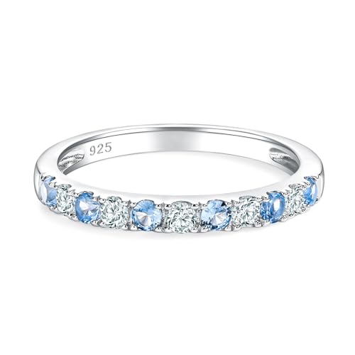 Bezel Set Birthstone Wedding Band 14K Gold Sterling Silver Stackable Half Eternity Band Rings 2.5mm Wide Ruby/Amethyst/Sapphire/Emerald Green/Aquamarine Ring for Women, Send Gift Box - style: 03-Created Aquamarine & CZ