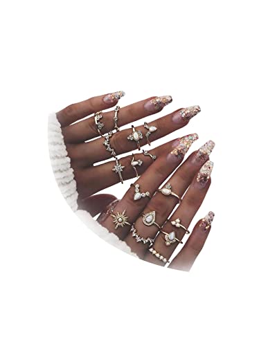 HUASAI Boho Stackable Rings Set for Women Dainty Moon Star Turquoise Mountain Eye Midi Knuckle Pinky Trendy Vintage Jewelry Gifts - color: Q 16 Pcs