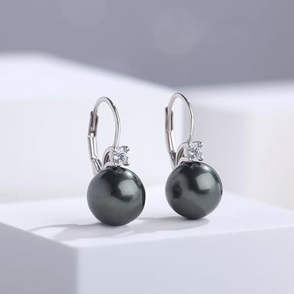 925 Sterling Silver Pearl Leverback Earrings for Women Cubic Zirconia Pearl Jewelry 10MM - color: A: Leverback-Black