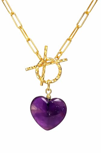 Gempires Gemstone Heart Pendant Necklace for Women, Gold Toggle Birthstone | Handmade gemstone heart pendant necklace — choose from 11 stones and birthstones, gold toggle paperclip chain. - color: Amethyst