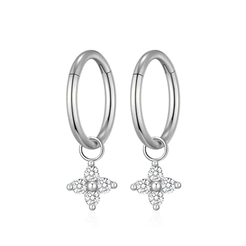 Ourania 16G Gold Stainless Steel Zircon Dangle Huggie Hoop Rook Piercing Helix Hoop Earring Tragus Hoop Cartilage Piercing for Women - color: Round Flower Silver 2PCS, size: 1.2*8mm 2pcs