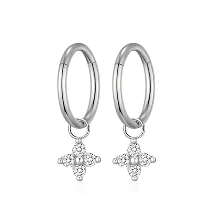 Ourania 16G Gold Stainless Steel Zircon Dangle Huggie Hoop Rook Piercing Helix Hoop Earring Tragus Hoop Cartilage Piercing for Women - color: Round Flower Silver 2PCS, size: 1.2*8mm 2pcs