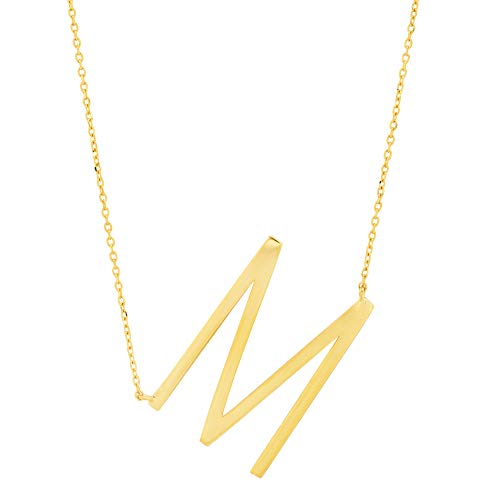 MAX + STONE 14k Gold Plated Sterling Silver Large Sideways Block Initial Letter Pendant Necklace for Woman with 16 Inches to 18 Inches Adjustable Chain and Spring Ring Clasp - style: Letter M
