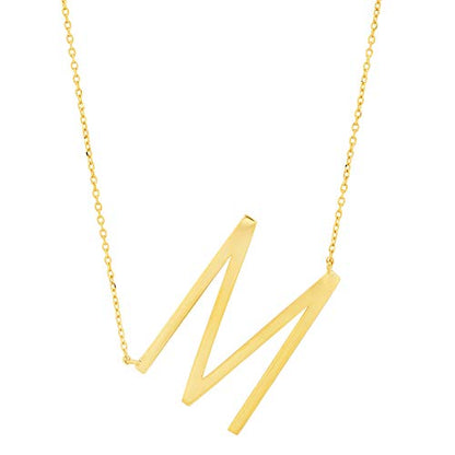 MAX + STONE 14k Gold Plated Sterling Silver Large Sideways Block Initial Letter Pendant Necklace for Woman with 16 Inches to 18 Inches Adjustable Chain and Spring Ring Clasp - style: Letter M