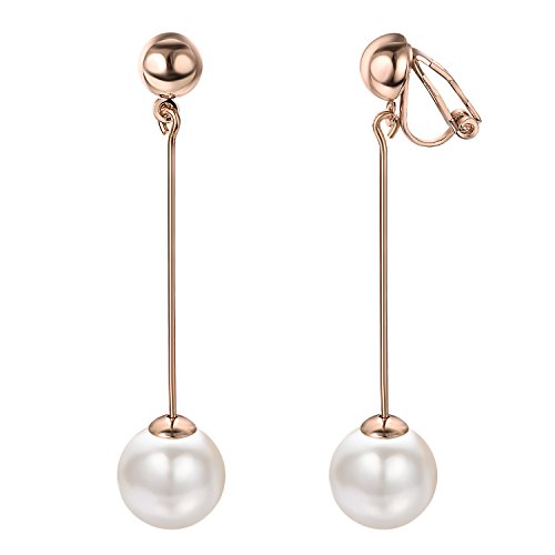 Yoursf Gold Pearl Dangle Clip On Earrings For Women Hypoallergenic White Pearl Drop Earrings 18K Gold Plated Non Pierced Ears Pearl Drop Earrings Fashion Jewelry - style: Simple pearl drop earrings