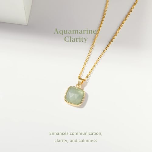 KissYan Healing Crystal Necklace, 14K Gold Plated Natural Stone Pendant Necklace Reiki Quartz Amethyst Citrine Gemstone Spiritual Jewelry Gifts for Women Girls - color: A-Aquamarine-Square