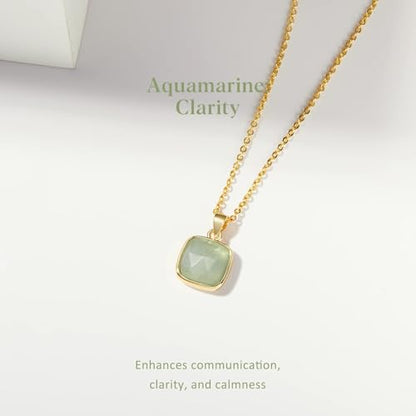 KissYan Healing Crystal Necklace, 14K Gold Plated Natural Stone Pendant Necklace Reiki Quartz Amethyst Citrine Gemstone Spiritual Jewelry Gifts for Women Girls - color: A-Aquamarine-Square