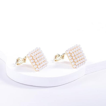 YOQUCOL Simulated Pearl Flower-Cluster Shape Clip On Stud Earrings Non Pierced Ear Earrings for Women - color: Diamond-shaped