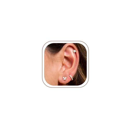 Freekiss 3 Pairs Hoop Earrings Set - Dainty Stud Dangle Cartilage for Women | Hypoallergenic Earrings, Cubic Zirconia Stackable Trendy Small Set Jewelry Gifts for Women - style: Butterfly Set-gd