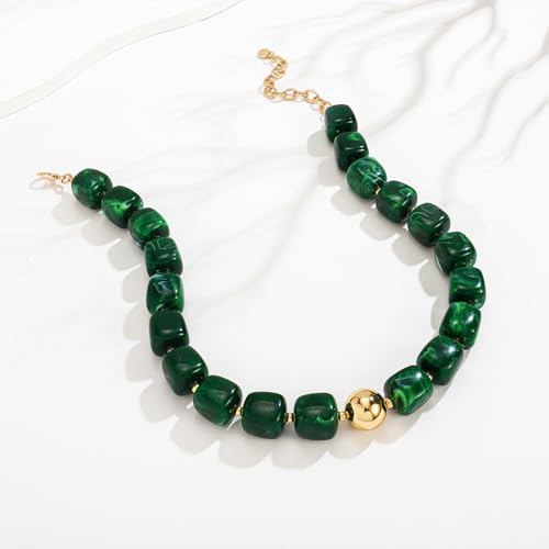 Chunky Colorful Beaded Choker Necklace for Women, Summer Beach Statement Resin Beads Necklace, Trendy Womens Summer Beach Jewelry Birthday Gifts for Vacation Holiday - color: Square Dark Green Bead