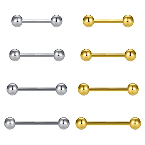 VCMART Nipple Rings Tongue Rings Stainless Steel 14G Straight Barbells Piercing Jewelry 12mm,14mm,16mm,18mm - color: 7 -silver & gold