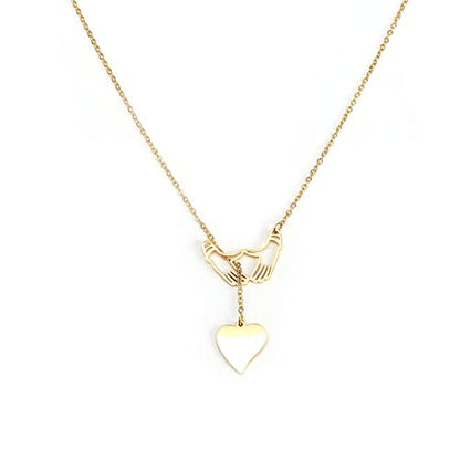 18K Gold Plated Stainless Steel Bee Honeycomb Pendant Necklace, Adjustable Y Lariat Conch/Guitar/Horseshoe Necklace for Women - color: Gold, style: Hand in Hand Heart