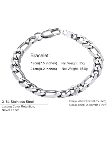 ChainsHouse Figaro Link Chain Bracelet for Men Stainless Steel Jewelry | Black/ Gold Bracelets Men, 6/9/13mm Figaro Cuabn Bracelets 7.5"/8.3", Chunky Hip Hop Wrist Hand Chain Bracelet for Gift - color: e: 9mm-stainless