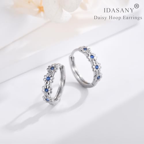 Sterling Silver Hoop Earrings for Women, Dainty Small Huggie Hoop Earrings | Hypoallergenic Daisy Color Cubic Zirconia Flower Hoops Earring Jewellery Gifts for Ladies Birthday Wedding, 12mm Hoop - color: Sapphire