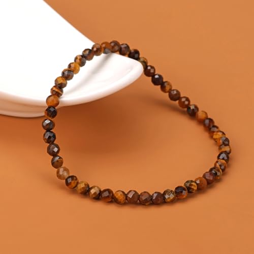 Natural Faceted Crystal Bracelet for Women,4mm Gemstone Round Beads Bracelets Adjustable Stretchy Healing Crystal Beads Bracelets Dainty Jewelry Gift - color: Tiger Eye