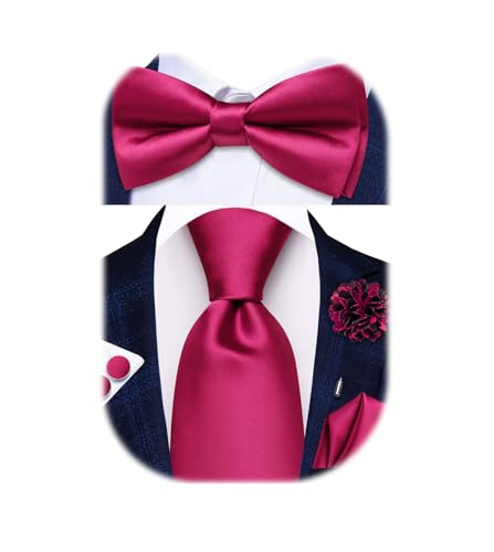 Hi-Tie 5Pcs Mens Solid Color Silk Tie Satin Pretied Bowtie Lapel Pin for Men Handkerchief Cufflink Wedding Gift Box - color: Hot Pink