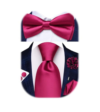 Hi-Tie 5Pcs Mens Solid Color Silk Tie Satin Pretied Bowtie Lapel Pin for Men Handkerchief Cufflink Wedding Gift Box - color: Hot Pink