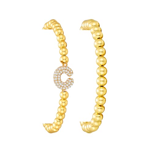 Initial Stack Bracelet Set for Women Trendy 14K Gold Plated Beaded Stackable Stacking Stretch Name Bracelets Dainty Friendship Waterproof Charm Cute Birthday Jewelry Gifts for Women - color: Initial C