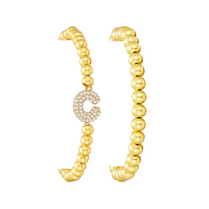 Initial Stack Bracelet Set for Women Trendy 14K Gold Plated Beaded Stackable Stacking Stretch Name Bracelets Dainty Friendship Waterproof Charm Cute Birthday Jewelry Gifts for Women - color: Initial C