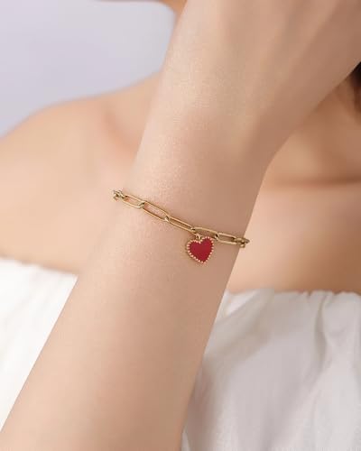 18K Gold Plated Paperclip Link Chain Bracelet with Charms, Gift with a Box - color: Red Heart