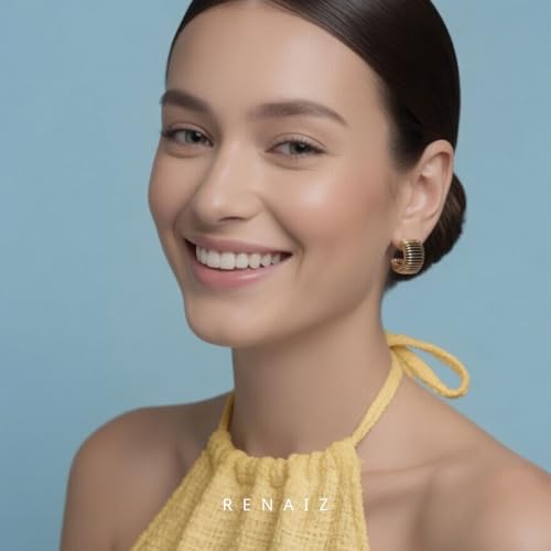 RENAIZ Bold Statement Hoop & Stud Earrings for Women – 14K Gold & Rhodium Plated Maximalist Jewelry, Chunky Geometric Boho Earrings, Hypoallergenic Non-Tarnish Trendy Gift - color: Yellow Gold, style: Chunky-Black