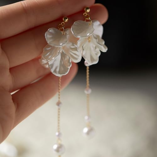 Seashell Pearl Stud Earrings for Women Ocean Sea Theme Sweet Double Layer Acrylic Shell Lightweight Dangle Drop Earrings for Summer Beach Holiday Halloween Party Jewelry Accessories - color: Pearl chain earrings
