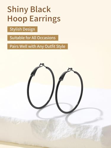 FindChic Thin Hoop Earrings for Women,Silver/Black/Gold Plated 20-100mm - color: Black, size: 40mm