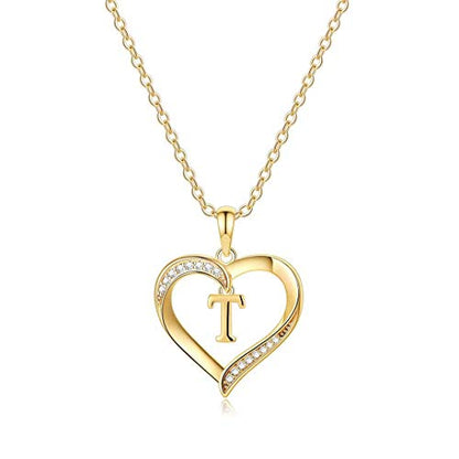 Yesteel Heart Initial Necklaces for Women, 14K Gold Plated Cubic Zirconia Heart Pendant Necklace, Dainty Initial Charm Necklace Letter A to Z Jewelry for Women Girls - style: T