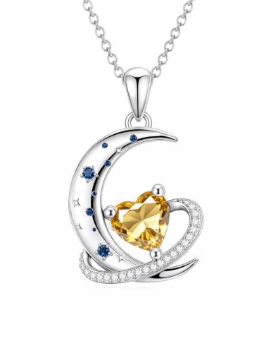 Birthstone Necklace for Women White Gold Moon and Star Pendant Moon Jewelry Anniversary Birthday Gifts for Mom Wife Her - color: 11. November - Citrine