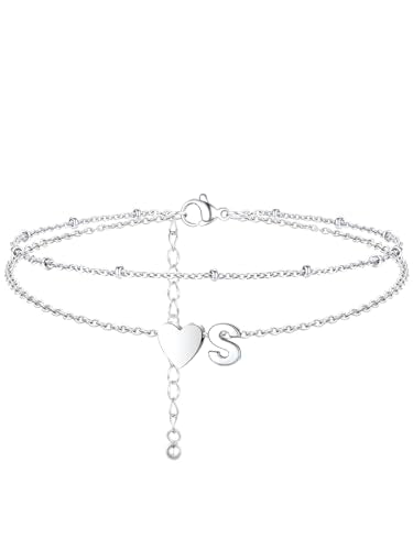Silvora Ankle Bracelets for Women Waterproof 14K Gold/Silver/Black Initial Anklet for Women Dainty Layered Heart Ankle Bracelets Stainless Steel Adjustable Foot Chain Anklet Summer Beach Jewelry - color: S-Silver
