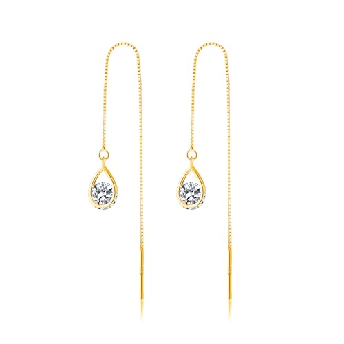 Reffeer Solid 925 Sterling Silver CZ Droplet Chain Dangle Earrings for Women Teen Girls Tassel Dangle Earrings Threader - color: B-Yellow