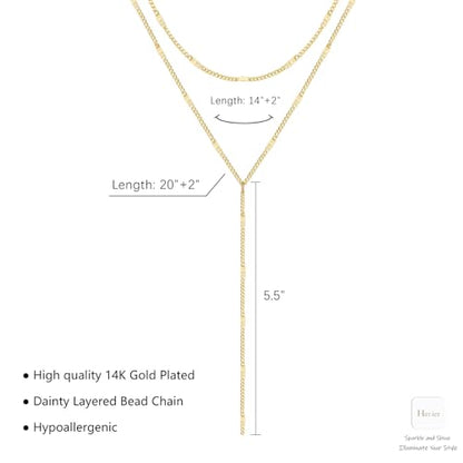 HERIER Lariat Gold Necklace for Women, Dainty Long Necklace 14k Gold Plated/Silver Y-Shaped Layered Beaded Chain Drop Necklaces for Women Trendy Simple Gold Jewelry for Women Gifts - color: Y Layered Bar-Gold