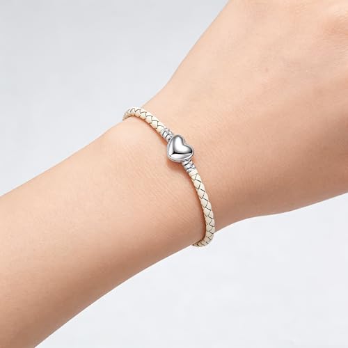GMXLin Leather Charm Bracelet Heart Snap Clasp Clip Lock Handmade Braided Wristband Compatible with Women Pandora Charm Bead - color: White