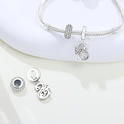 2 Pack 925 Sterling Silver Butterfly Letter Charms for Bracelets and Necklace Alphabet Initial Dangle Pendants Round Spacer Beads Pave Cubic Zirconia Jewelry Gift for Women - color: S Set