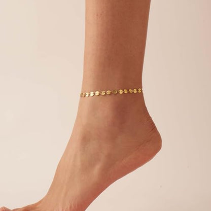 Dainty Ankle Bracelets for Women 18K Gold Plated Waterproof | Satellite Beaded Herringbone Lip Chain Anklets Simple Minimalist Summer Beach Foot Jewelry, Gift Box Included - color: Coin-Gold