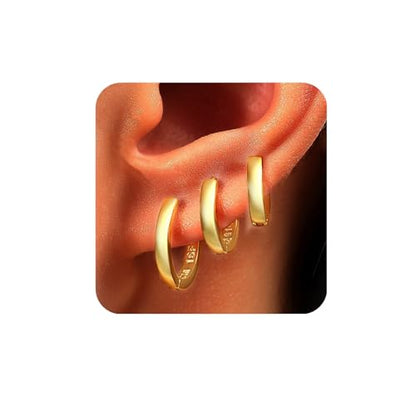 ORANGELOVE 3 Pairs 14K Gold Plated Huggie Hoop Earrings Set for Women or Men Lightweight Hypoallergenic Small Hoop Earring Pack Multiple Piercing Stacks Cartilage Piercing Jewelry - style: Gold-9/10/12mm