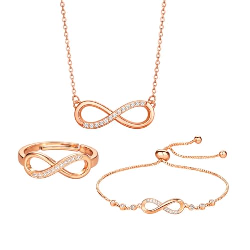 Nilu's Collection Infinity Shape Cubic Zirconia Diamond Bracelet for Women, Jewelry for Gift, Adjustable Charm Bracelet (Rose Gold Necklace + Bracelet) - color: Rose Gold Pendant+ Bracelet+Ring