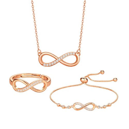 Nilu's Collection Infinity Shape Cubic Zirconia Diamond Bracelet for Women, Jewelry for Gift, Adjustable Charm Bracelet (Rose Gold Necklace + Bracelet) - color: Rose Gold Pendant+ Bracelet+Ring