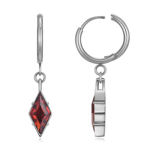 Hoop Earrings for Women, Stainless Steel Red Earrings, Hypoallergenic Trendy Cartilage Earrings for Lobe, Rhombus, Cubic Zirconia - color: Stainless Steel