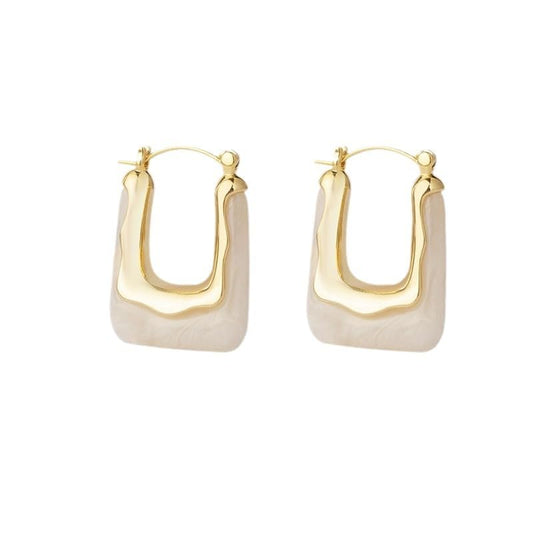 Chunky Resin U Hoop Earrings For Women Geometric Acrylic Statement Huggie Hoops Lightweight Gold Tone Retro Jewelry Multiple Colors - color: White