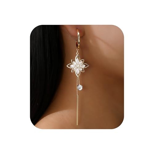 14K Gold Plated CZ Flower Dangle Earrings for Women, Sparkly Cubic Zirconia Long Tassel Drop Earrings, Bridal Wedding Jewelry - color: C:Flower Pearl Earrings