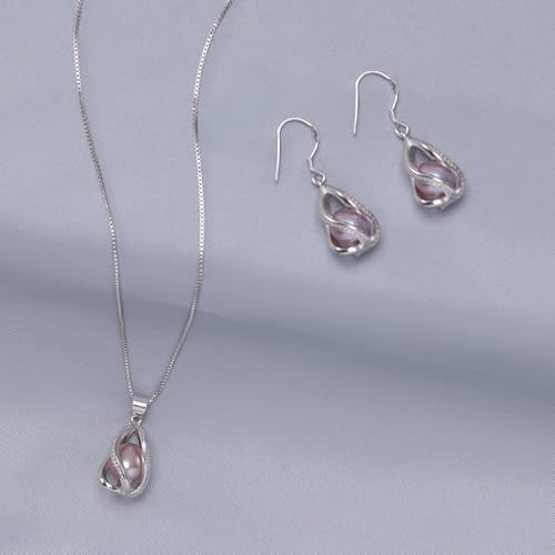 Pearl Jewelry Set For Women S925 Sterling Silver/14K Gold Plated Necklace & Earrings Set Freshwater Pearl Pendant Cage Set for Wedding Anniversary Prom Birthday Gift - color: Silvery-Purple