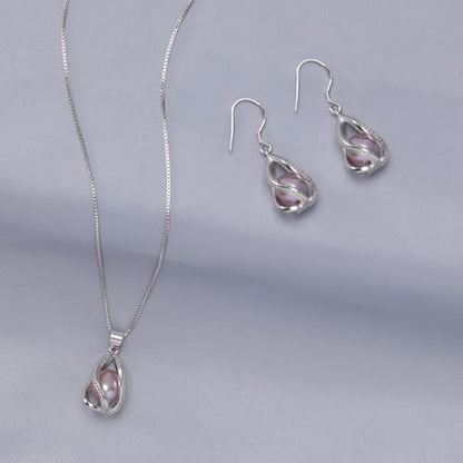 Pearl Jewelry Set For Women S925 Sterling Silver/14K Gold Plated Necklace & Earrings Set Freshwater Pearl Pendant Cage Set for Wedding Anniversary Prom Birthday Gift - color: Silvery-Purple